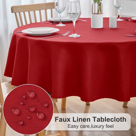 Inosoo Faux Linen Fabric Tablecloth, 70 inch Round Linen Textured Waterproof & Machine Washable Cloth Table Cover, Red