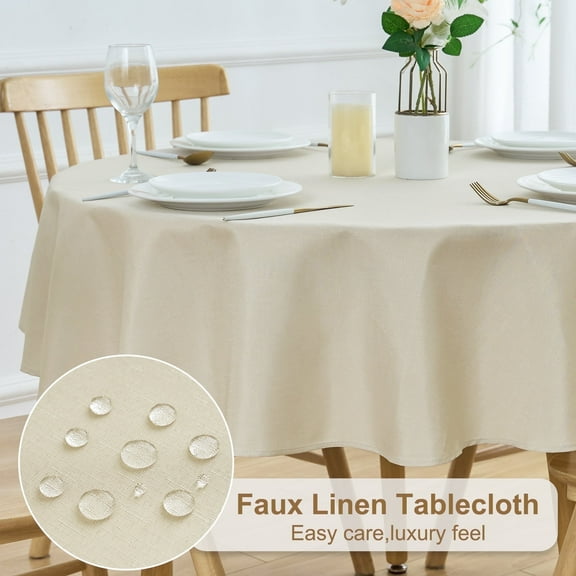 Inosoo Faux Linen Round Tablecloth, 60 Inch Decorative Textured Fabric Table Cloth, Stain and Wrinkle Resistant Washable Cloth Table Cover, Beige