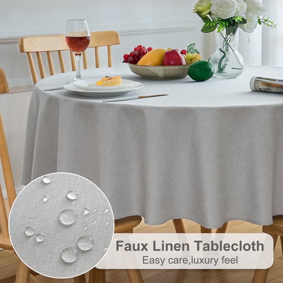 Inosoo Faux Linen Round Tablecloth, 70 Inch Decorative Textured Fabric Table Cloth, Waterproof, Stain and Wrinkle Resistant Washable Table Cover, Light Gray
