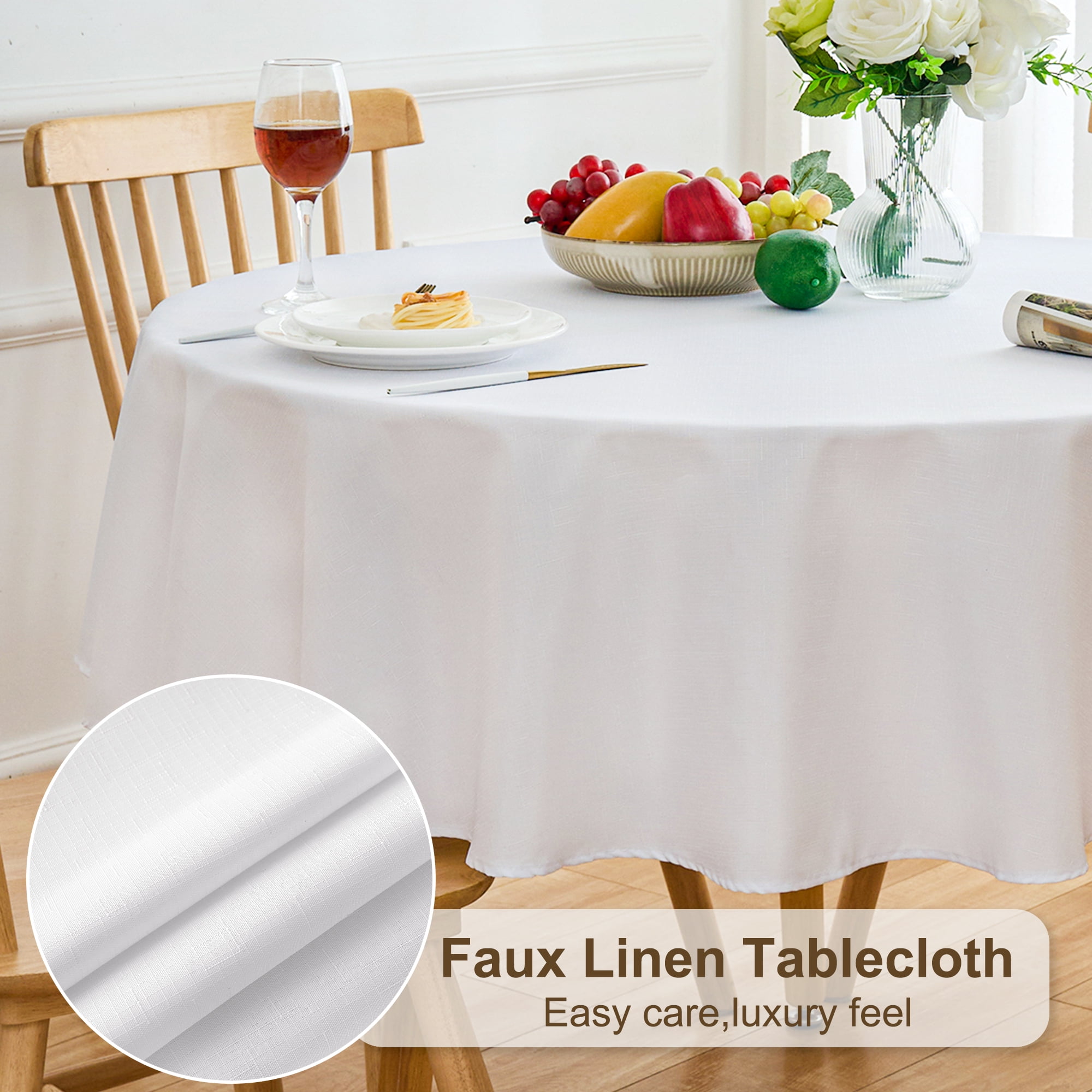 White Faux Linen 60 Inch Round Waterproof Tablecloth
