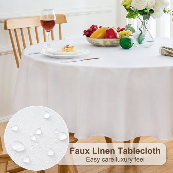 Inosoo Faux Linen Textured 60 inch Round Fabric Tablecloth for Dinning, Waterproof & Machine Washable, White