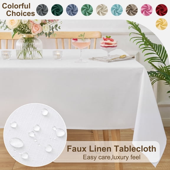 Inosoo Faux Linen Textured Rectangle Tablecloth - 60 x 84 inch Waterproof & Machine Washable Linen-Look Cloth Table Cover, White