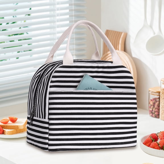 Inosoo Insulated Lunch Bag, Reusable Leak Proof Tote Lunch Box for Women Work - Black and White Strip