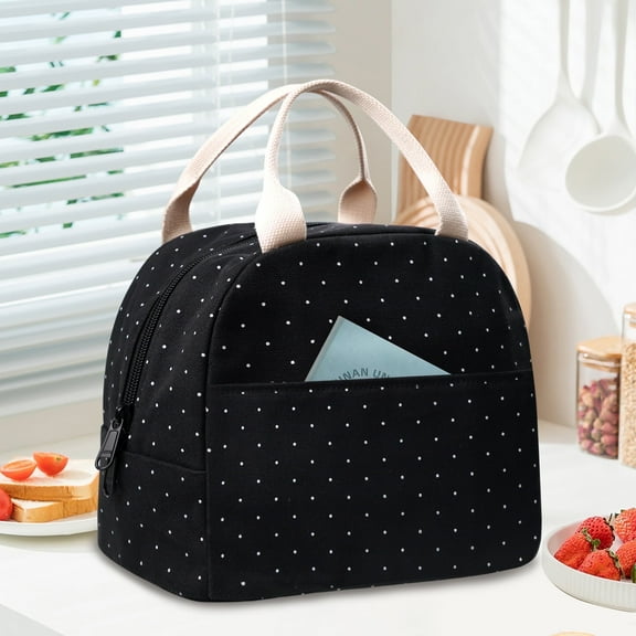 Inosoo Insulated Lunch Bag for Women, Fashion Black Lunch Box with White Polka Dot