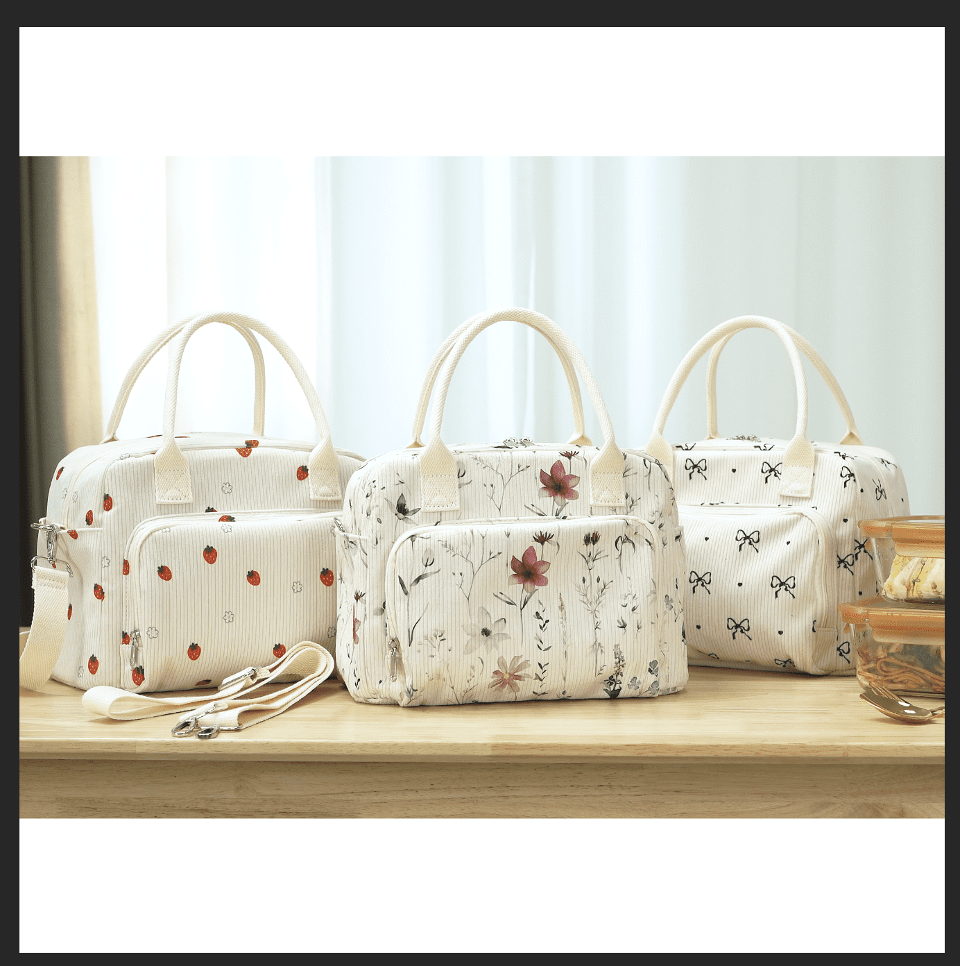 Inosoo Large Capacity Reusable Lunch Bag Handheld or Shoulder Carry Insulated Lunch Box Corduroy Fabric with Herb and Flower Pattern