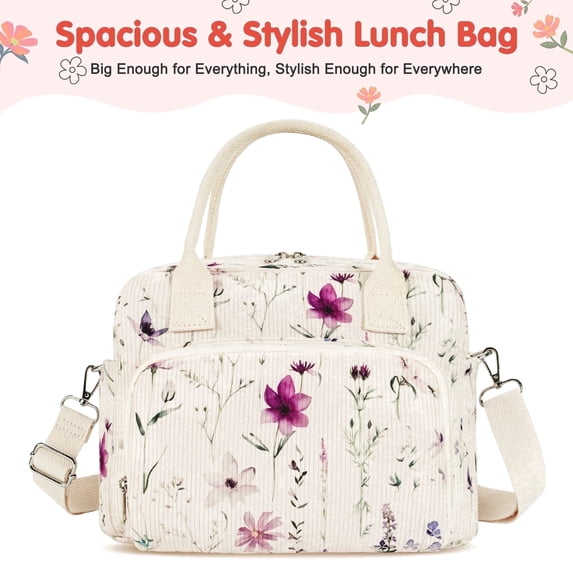 Inosoo Large Capacity Reusable Lunch Bag for Woman, Handheld or Shoulder Carry Insulated Lunch Box, Corduroy Fabric with Herb and Flower Pattern