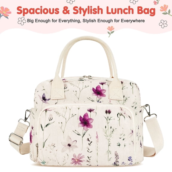 Inosoo Large Capacity Reusable Lunch Bag for Woman, Handheld or Shoulder Carry Insulated Lunch Box, Corduroy Fabric with Herb and Flower Pattern