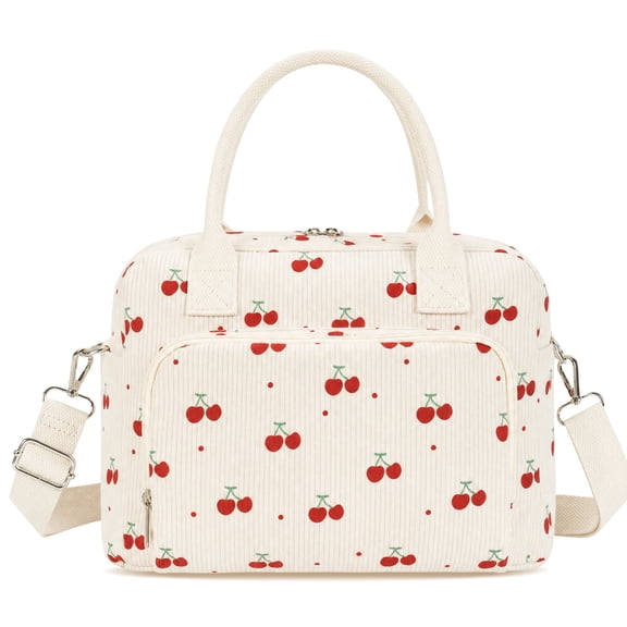 Inosoo Large Capacity Reusable Lunch Bag, Handheld or Shoulder Carry Insulated Lunch Box, Corduroy Fabric with Red Cherry Pattern