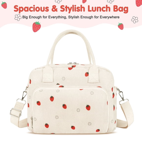 Inosoo Large Capacity Reusable Lunch Bag, Handheld or Shoulder Carry Insulated Lunch Box, Corduroy Fabric with Red Strawberry Pattern