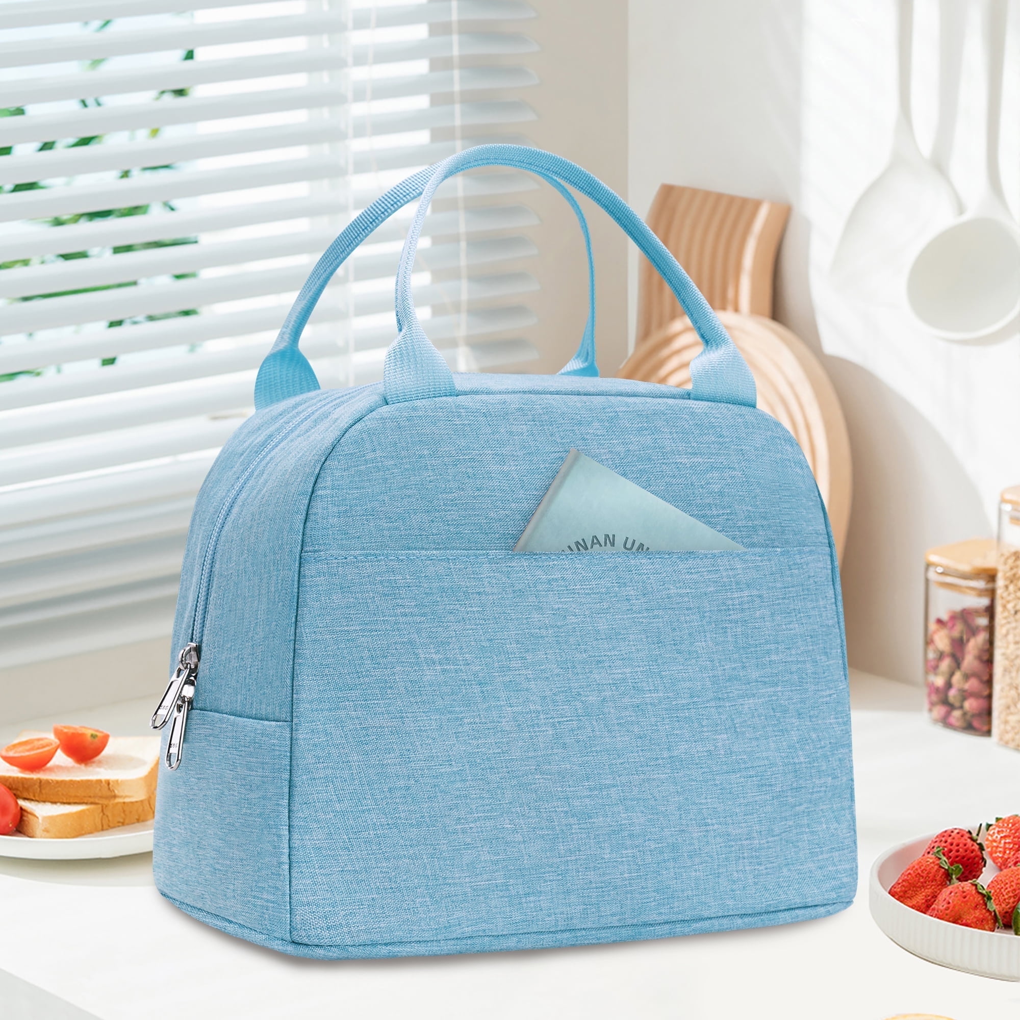 Inosoo Large Capacity Reusable Lunch Bag Handheld or Shoulder Carry Insulated Lunch Box Corduroy Fabric with Herb and Flower Pattern