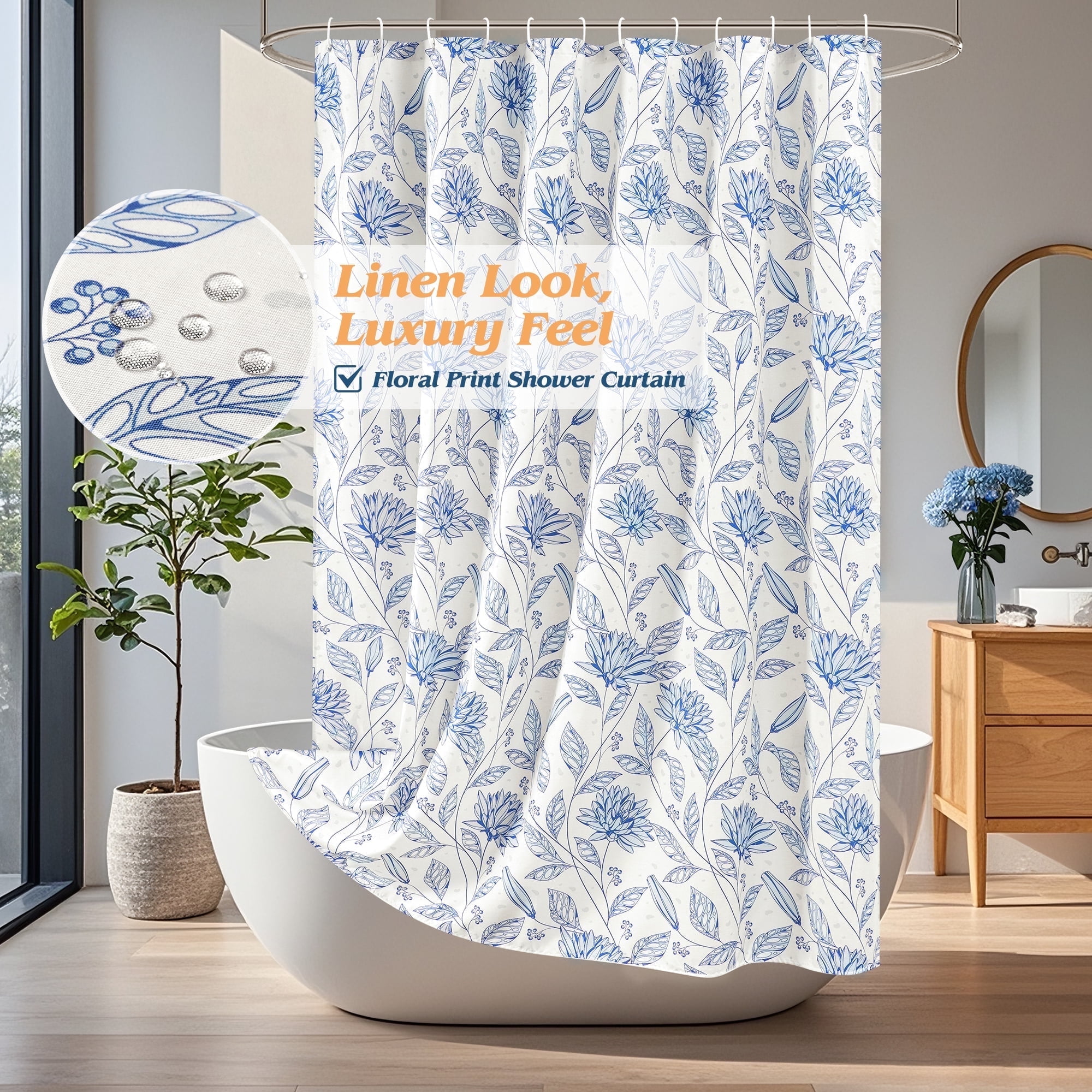 Inosoo Linen-Look Digital Print Shower Curtain, Blue Dahlia Flowers on White Background, 72x72 Inches