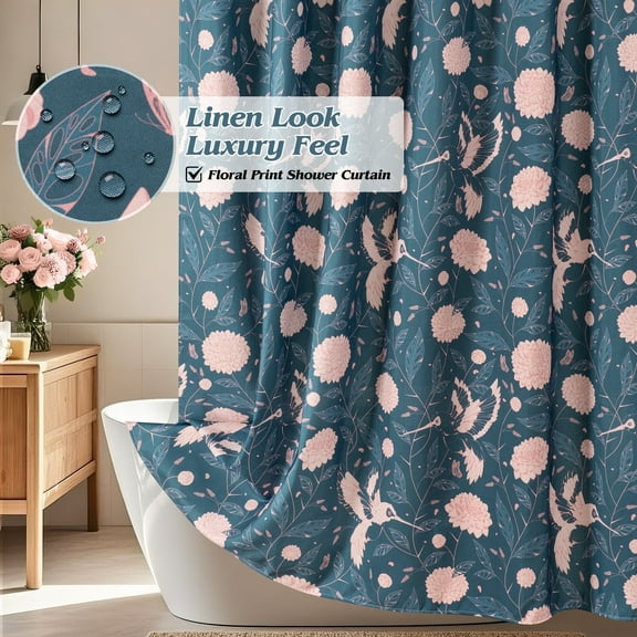 Inosoo Luxury Linen Texture Waterproof Fabric Shower Curtain, Retro Flower and Bird Pattern Printed Farmhouse Bathroon Curtain, 72 x 72 Inches