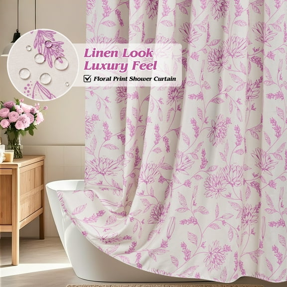 Inosoo Decorative Linen-Look Digital Print Shower Curtain, Soft & Luxury Farmhouse Pink-Purple Dahlia Flowers Design, 72x72 Inches