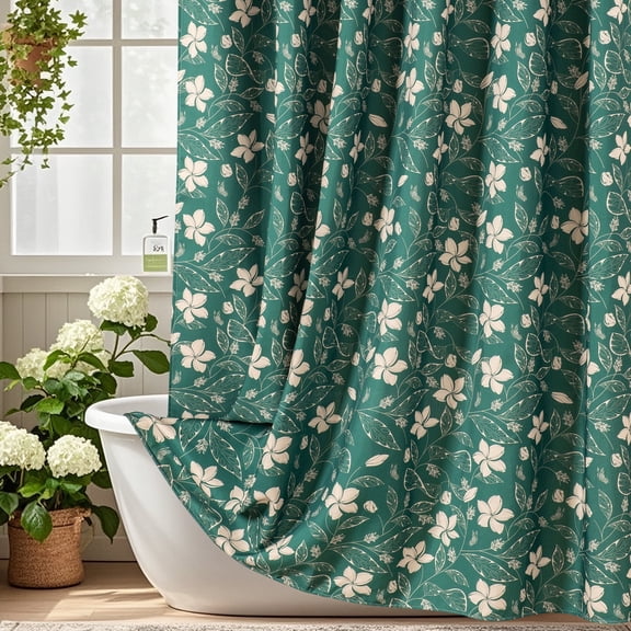 Inosoo Linen-look Floral Print Shower Curtain, White Flowers & Butterflies on Dark Green for Christmas, 72x72 Inches