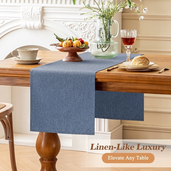 Inosoo Linen-like Table Runner, 13x120 inch Polyester Fabric Table Scarf Waterproof Stain-Resistant Machine Washable, for Dining Party Holiday Home Décor,Denim Blue
