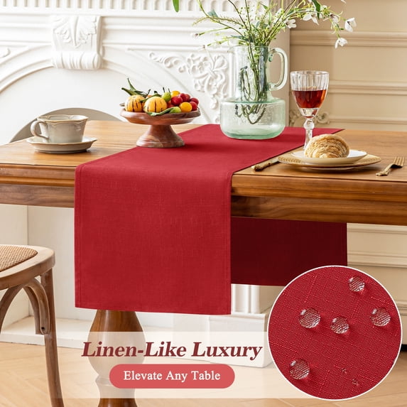 Inosoo Linen-like Table Runner, 13x90 inch Polyester Fabric Table Scarf Waterproof Stain-Resistant Machine Washable, for Dining Party Holiday Home Décor,Burgundy Red