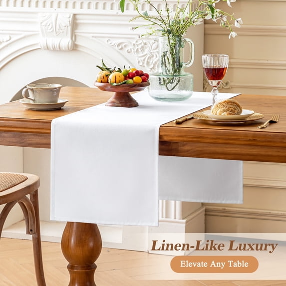 Inosoo Linen-like Table Runner, 13x90 inch Polyester Fabric Table Scarf Waterproof Stain-Resistant Machine Washable, for Dining Party Holiday Home Décor, White