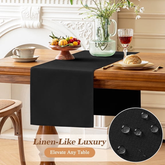 Inosoo Linen-like Table Runner, 13x72 inch Polyester Fabric Table Scarf Waterproof Stain-Resistant Machine Washable, for Dining Party Holiday Home Décor,Black