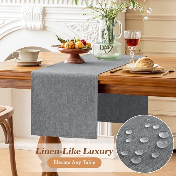 Inosoo Linen-like Table Runner, 13x72 inch Polyester Fabric Table Scarf Waterproof Stain-Resistant Machine Washable, for Dining Party Holiday Home Décor, Dark Gray
