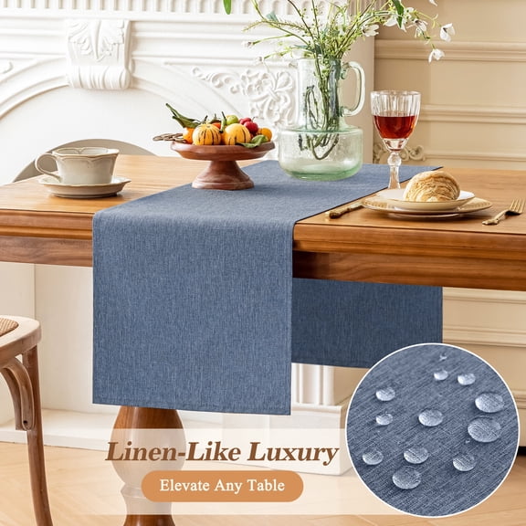 Inosoo Linen-like Table Runner, 13x72 inch Polyester Fabric Table Scarf Waterproof Stain-Resistant Machine Washable, for Dining Party Holiday Home Décor,Denim Blue