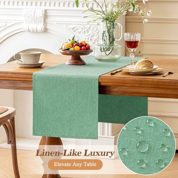 Inosoo Linen-like Table Runner, 13x72 inch Polyester Fabric Table Scarf Waterproof Stain-Resistant Machine Washable, for Dining Party Holiday Home Décor, Green