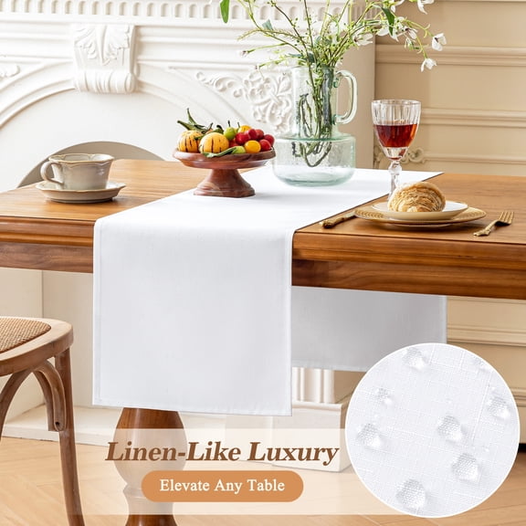 Inosoo Linen-like Table Runner, 13x72 inch Polyester Fabric Table Scarf Waterproof Stain-Resistant Machine Washable, for Dining Party Holiday Home Décor,White