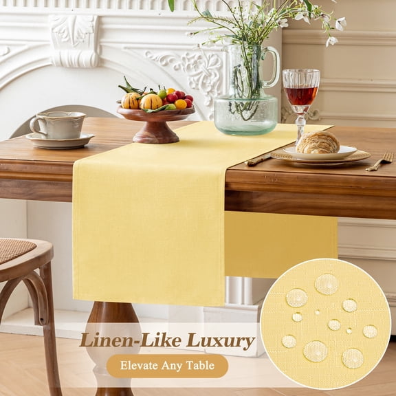 Inosoo Linen-like Table Runner, 13x72 inch Polyester Fabric Table Scarf Waterproof Stain-Resistant Machine Washable, for Dining Party Holiday Home Décor,Yellow