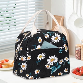 Inosoo Lunch Bag for Women, Insulated Canvas Floral Tote Lunch Box for Work or Picnic, White Daisy