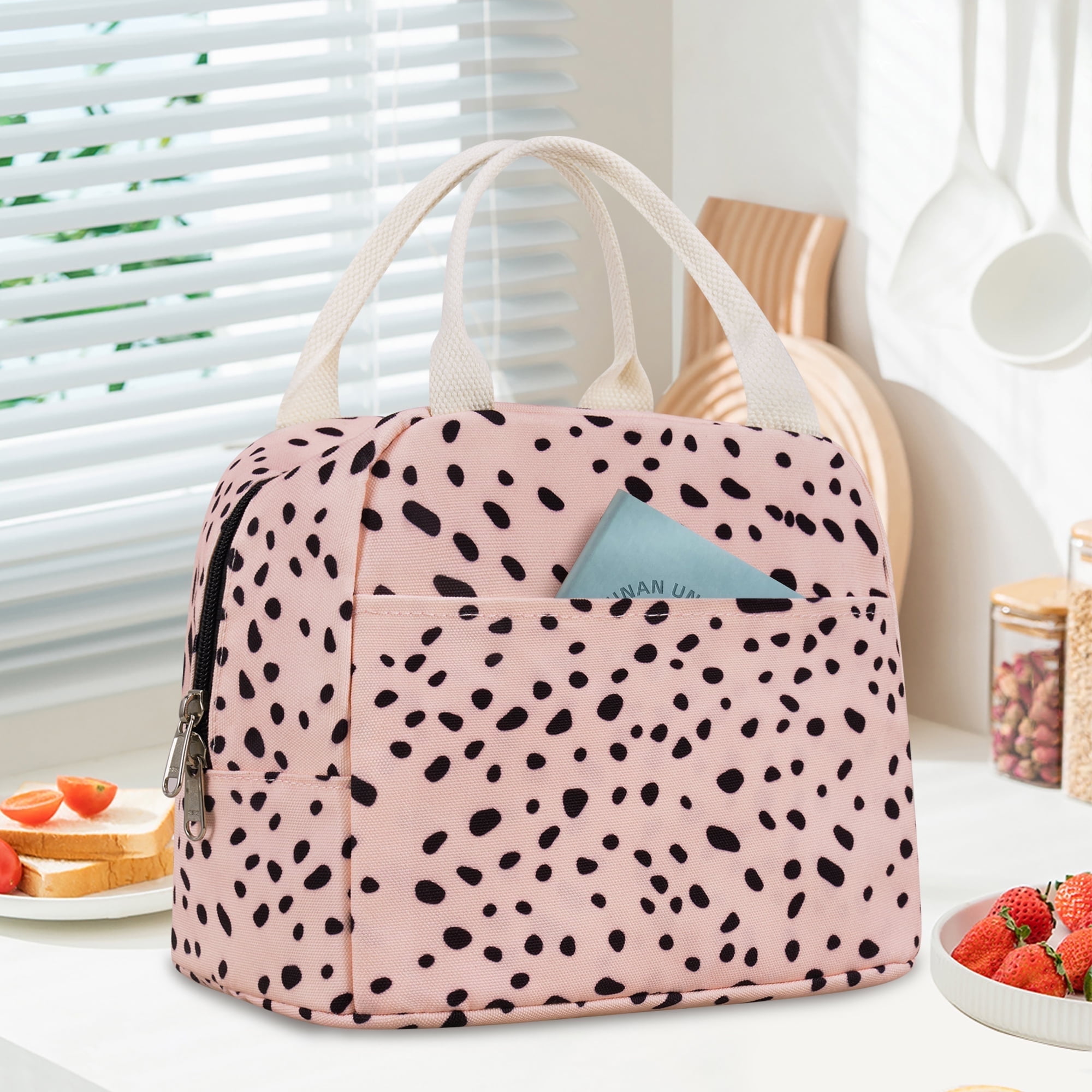 Inosoo Large Capacity Reusable Lunch Bag Handheld or Shoulder Carry Insulated Lunch Box Corduroy Fabric with Herb and Flower Pattern