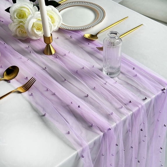 Inosoo Pearl Gauze Table Runner 30x120 inch, 10FT Elegant Tulle Table Decor with Pearls for Party Home Dining, Light Purple