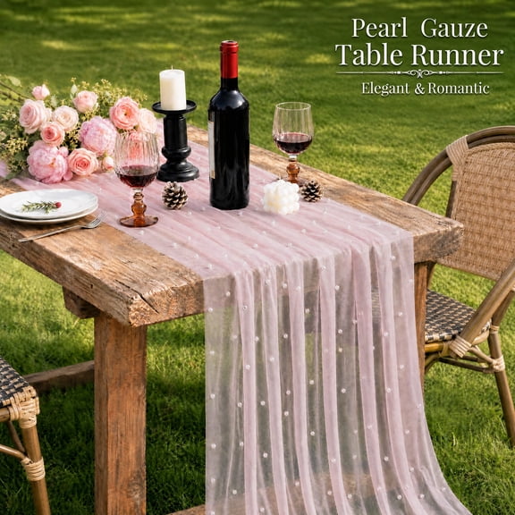 Inosoo Pearl Gauze Table Runner 30x120 inch, 10FT Romantic Sheer Tulle Table Runner with Pearls for Wedding Baby Shower, Pink