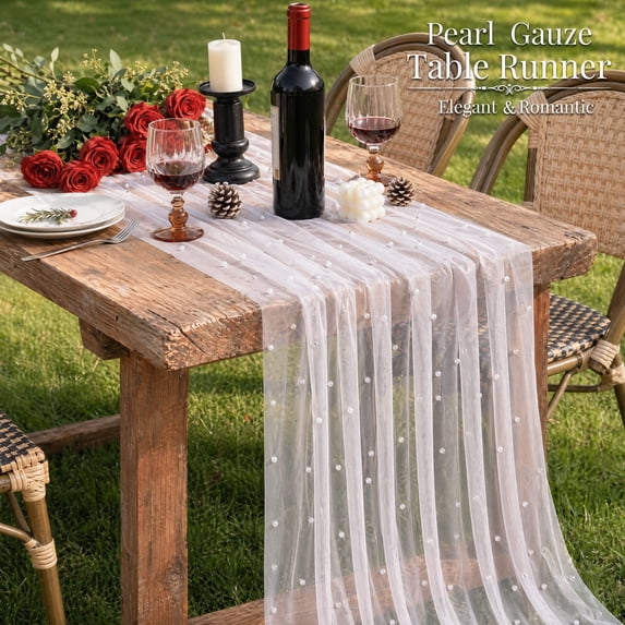 Inosoo Pearl Gauze Table Runner 30x120 inch, 10FT Sheer Tulle Table Decor with Shatterproof Pearls for Wedding Party Dining, White