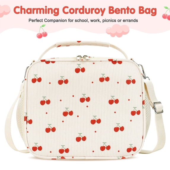 Inosoo Red Cherry Corduroy Lunch Bag - Handheld or Shoulder Carry Insulated Lunch Box