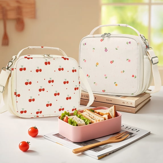 Inosoo Red Cherry Corduroy Lunch Bag - Handheld or Shoulder Carry Insulated Lunch Box