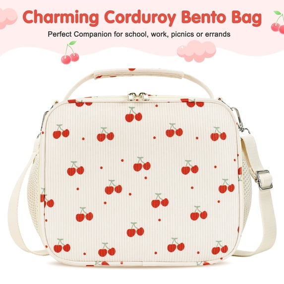 Inosoo Red Cherry Corduroy Lunch Bag - Handheld or Shoulder Carry Insulated Lunch Box
