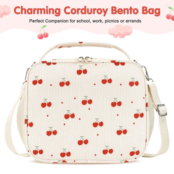 Inosoo Red Cherry Corduroy Lunch Bag - Handheld or Shoulder Carry Insulated Lunch Box