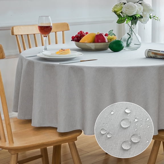 Inosoo Round Fabric Tablecloth with Linen Textured, 60 Inch Waterproof, Stain and Wrinkle Resistant Washable Table Cloth for Dining Room, Party, Outdoor Picnic, Light Gray