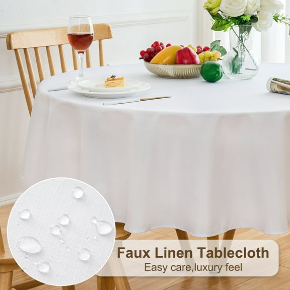 Inosoo Round Faux Linen Textured Tablecloth, 70 Inch Cloth Table Cover, Waterproof, Stain and Wrinkle Resistant Washable Fabric Table Cloth for Dining Room Party Outdoor Picnic,White
