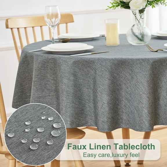 Inosoo Round Tablecloth Linen Textured, 60 Inch Decorative Waterproof Fabric Table Cloth, Stain and Wrinkle Resistant Washable Cloth Table Cover, Dark Gray
