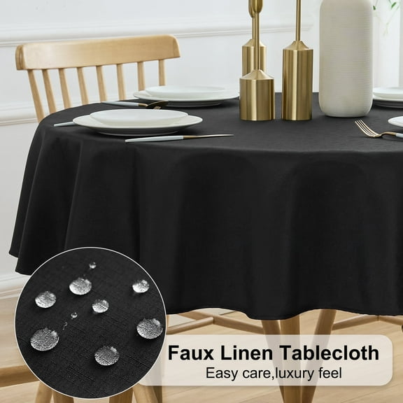 Inosoo Round Tablecloth Linen Textured, 60 Inch Decorative Waterproof Table Cloth, Stain and Wrinkle Resistant Washable Cloth Table Cover, Black