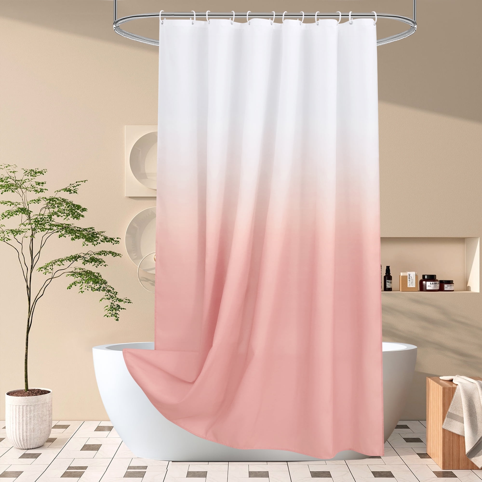 Inosoo Seashell Pink Ombre Fabric Shower Curtain, 72 x 72 Inch Heavy Duty Pink Gradual Cloth Shower Curtain with Hooks, Fashion Bathroom Set (13 Pieces), Water Repellent