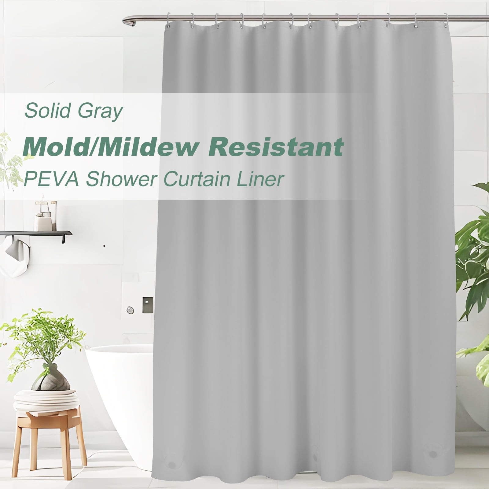 Inosoo Solid Gray PEVA Plastic Shower Curtain Liner, 72"x 78" Extra Long Heavy Duty Waterproof