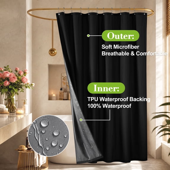 Inosoo 100% Waterproof Fabric Shower Curtain Liner, 72Wx78L inch Long TPU Laminated Soft Cloth Shower Liner with Rustproof Grommets & Bottom Magnets, Black