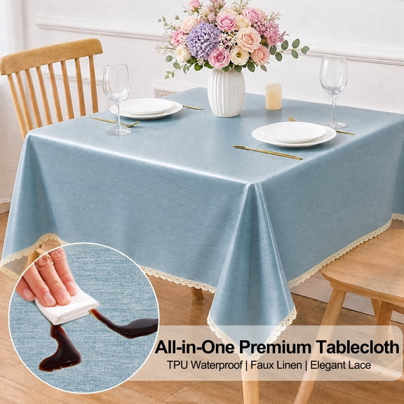 Inosoo TPU Waterproof Lace Tablecloth Rectangle 36x36 Inch, Thick & Soft Oil Proof Wipe Clean Linen Table Cloth, Grayblue