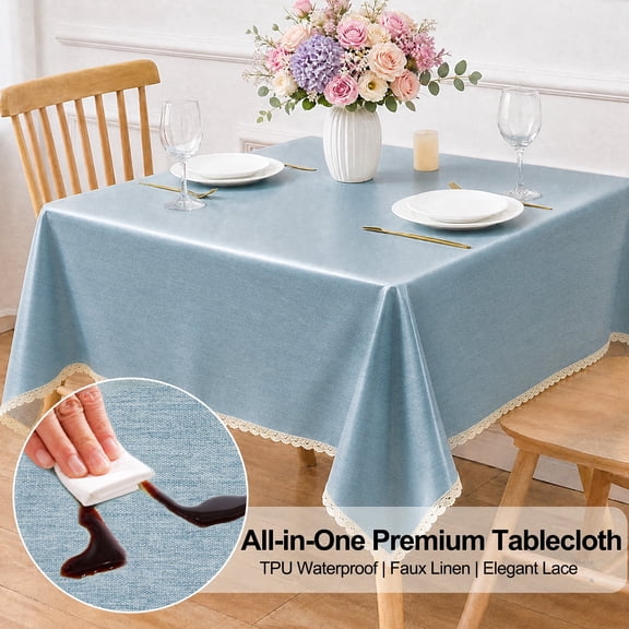 Inosoo TPU Waterproof Lace Tablecloth Rectangle 36x36 Inch, Thick & Soft Oil Proof Wipe Clean Linen Table Cloth, Grayblue