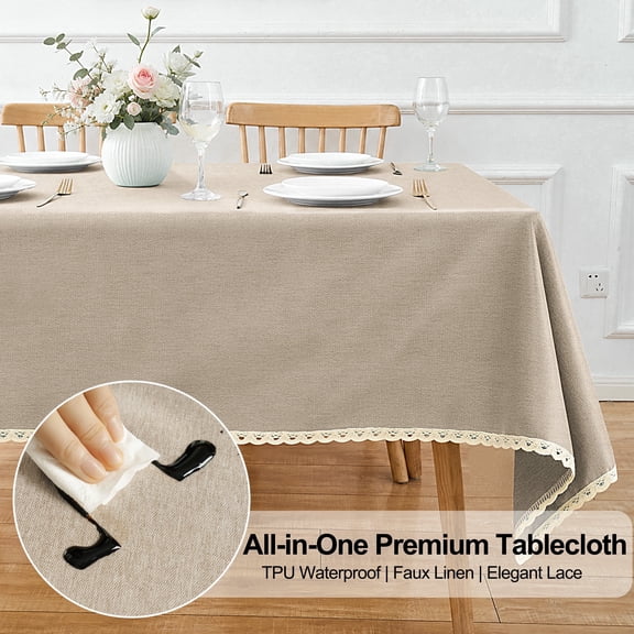 Inosoo TPU Waterproof Lace Tablecloth Rectangle 60x120 Inch, Thick & Soft Oil Proof Wipe Clean Linen Table Cloth, Khaki
