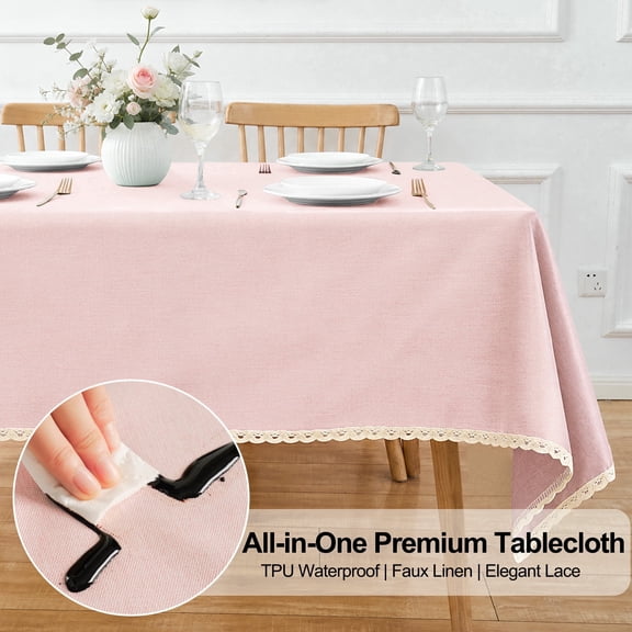 Inosoo TPU Waterproof Lace Tablecloth Rectangle 60x84 Inch, Thick & Soft Oil Proof Wipe Clean Linen Table Cloth, Pink