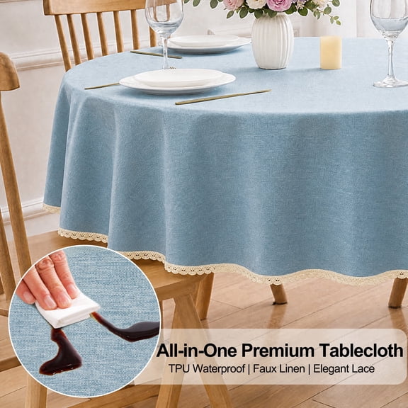 Inosoo TPU Waterproof Lace Tablecloth Round 48 Inch, Thick & Soft Oil Proof Wipe Clean Linen Table Cloth, Grayblue