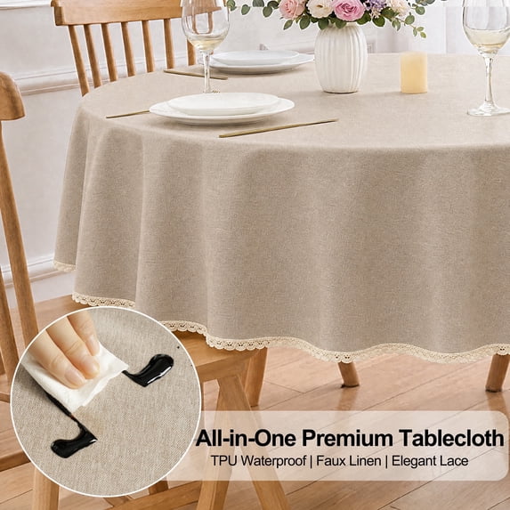 Inosoo Thick Faux linen Tablecloth, 48 inch Round TPU Waterproof & Oil Proof Wipe Clean Fabric Table Cover, Khaki