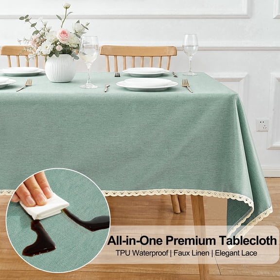 Inosoo TPU Waterproof Lace Tablecloth Round 48 Inch, Thick & Soft Oil Proof Wipe Clean Linen Table Cloth, lakeblue